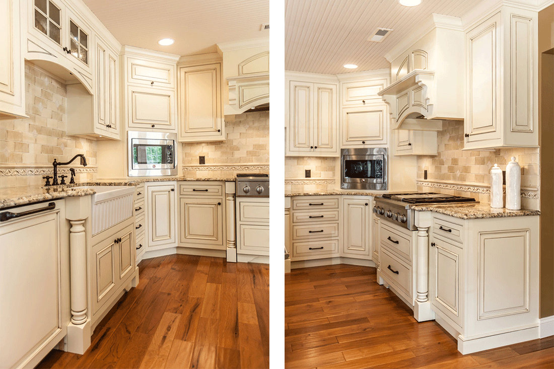 Antique White Kitchen Cabinets with Custom Cabinets, Apron Sink, Black Hardware and Appliances