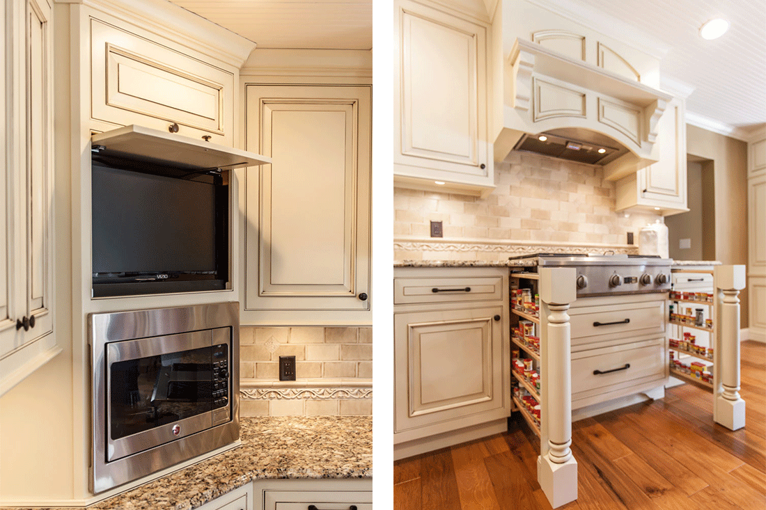 Antique White Kitchen with TV Cabinet Design and Pull Out Spice Racks in Mt Pleasant Iowa