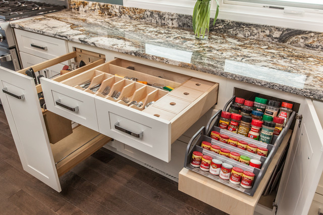 kitchen with spice and drawer organizers