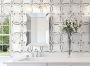 bathroom vanity with tile backsplash