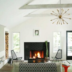 Living room with black fireplace. Walls are Simply White.