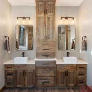 Reclaimed barnwood used on bathroom cabinets.