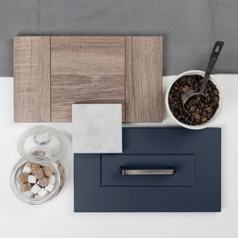 Mood board with trendy textured and blue cabinets.