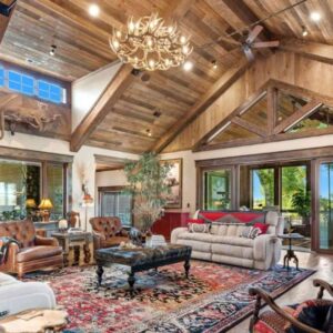 Reclaimed barnwood used on a ceiling and beams.