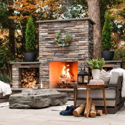 Stone outdoor fireplace