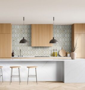 Light kitchen backsplash with hints of metal throughout