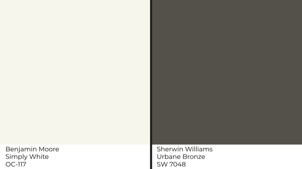 Paint color comparison of Benjamin Moore Simply White OC-117 and Sherwin-Williams Urbane Bronze SW 7048.